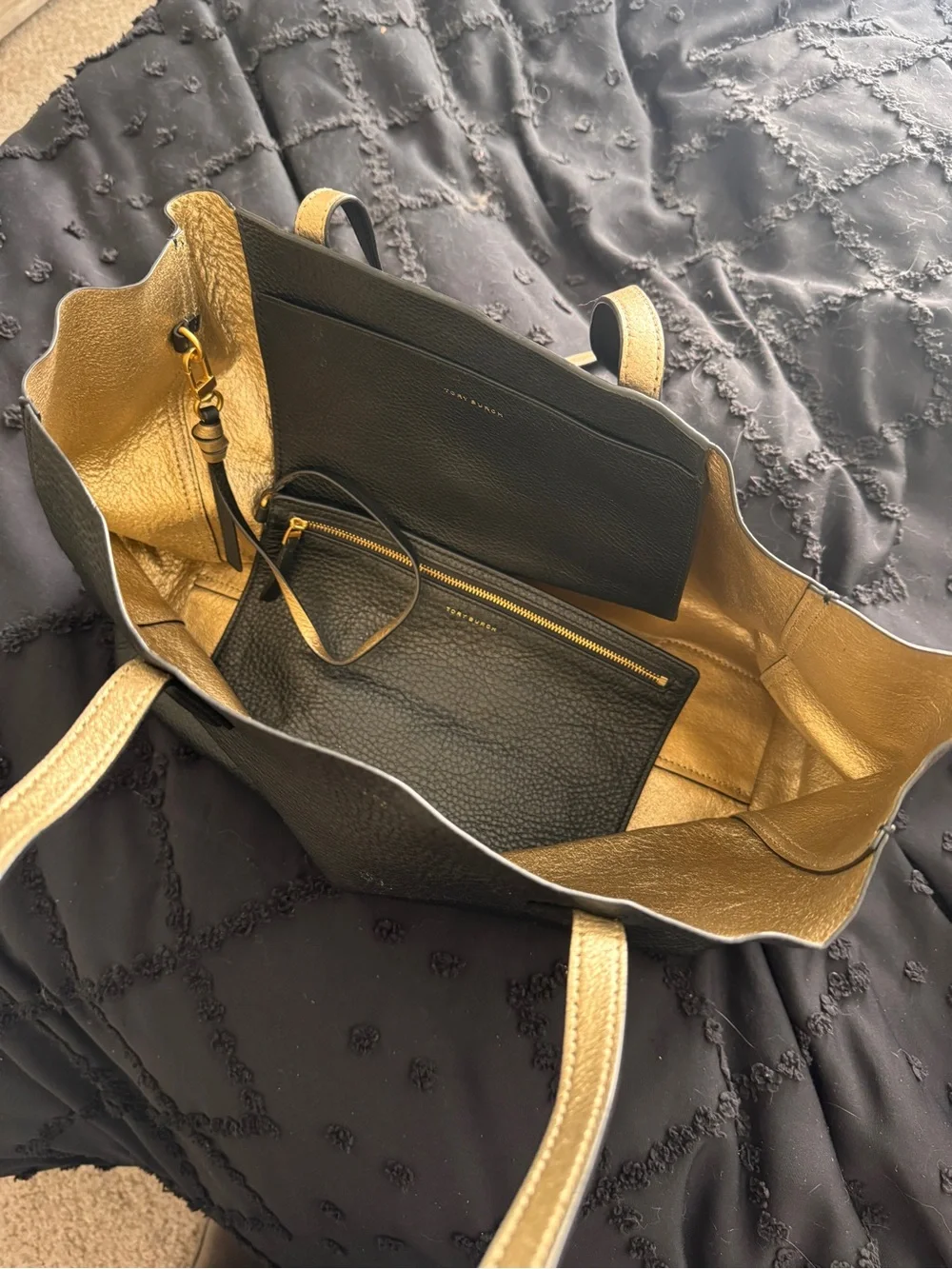 Tory Burch Black Pebbled Leather Tote with Gold Interior Accents